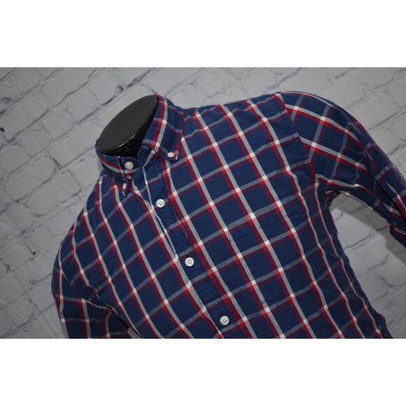J Crew Dress Shirt Mens Size Medium Slim Blue Red Plaids Cotton - Picture 1 of 5